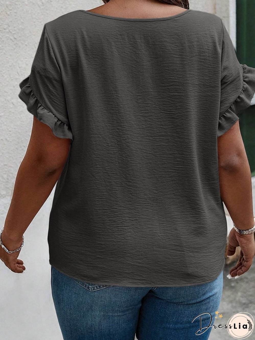 Dark Grey Ruffled Short Sleeve Plus Size Top