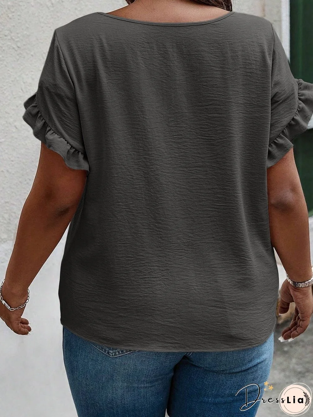 Dark Grey Ruffled Short Sleeve Plus Size Top
