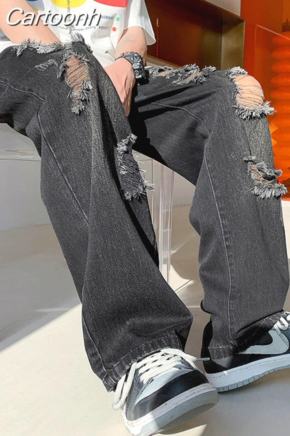 Cartoonh Men's Fashion Hole Denim Pants Destroyed Ripped Design Straight Jeans For Men High Street Hip Hop Casual Biker Jeans