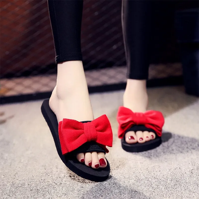 Women Shoes Summer Bohemia Floral Beach Sandals Pink Bow Slippers Flip Flops For Women Platform Sandals Beach Slippers 1.5CM