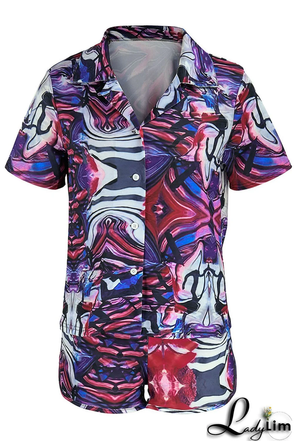 Black Gray Casual Print Patchwork Buckle Turndown Collar Short Sleeve Two Pieces