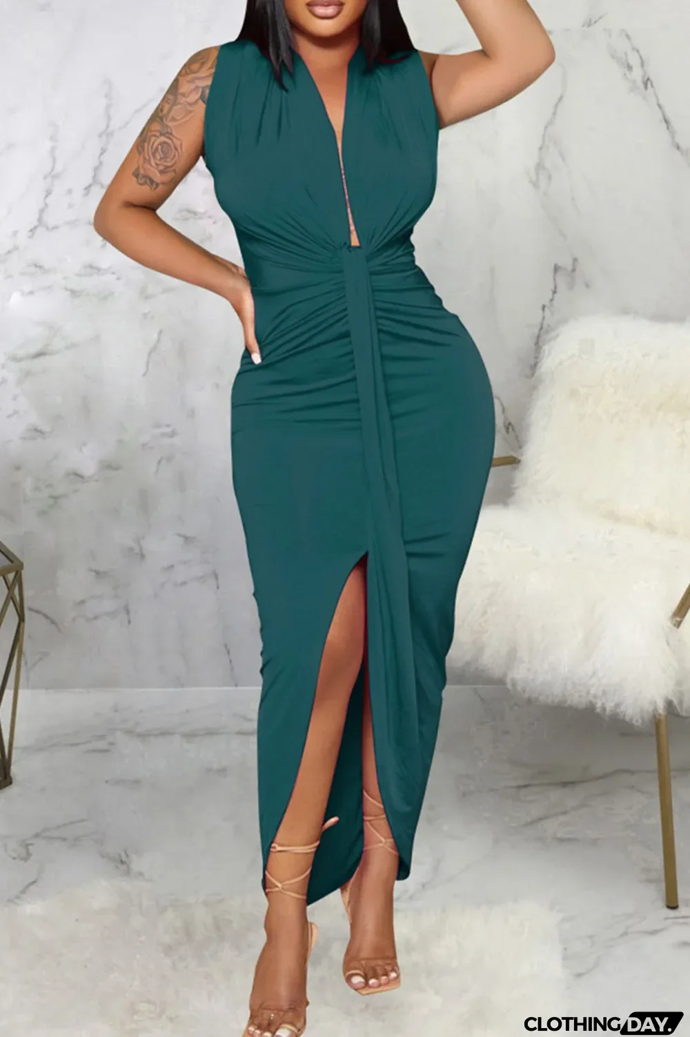 Black Sexy Solid Patchwork Asymmetrical V Neck Irregular Dress Dresses