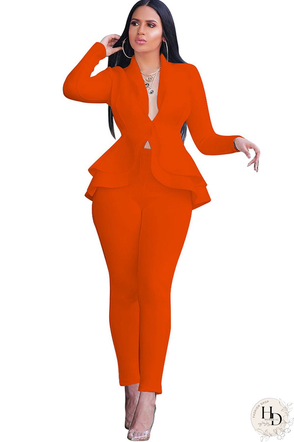 Black Casual Two Piece Suits Patchwork ruffle Solid pencil Long Sleeve