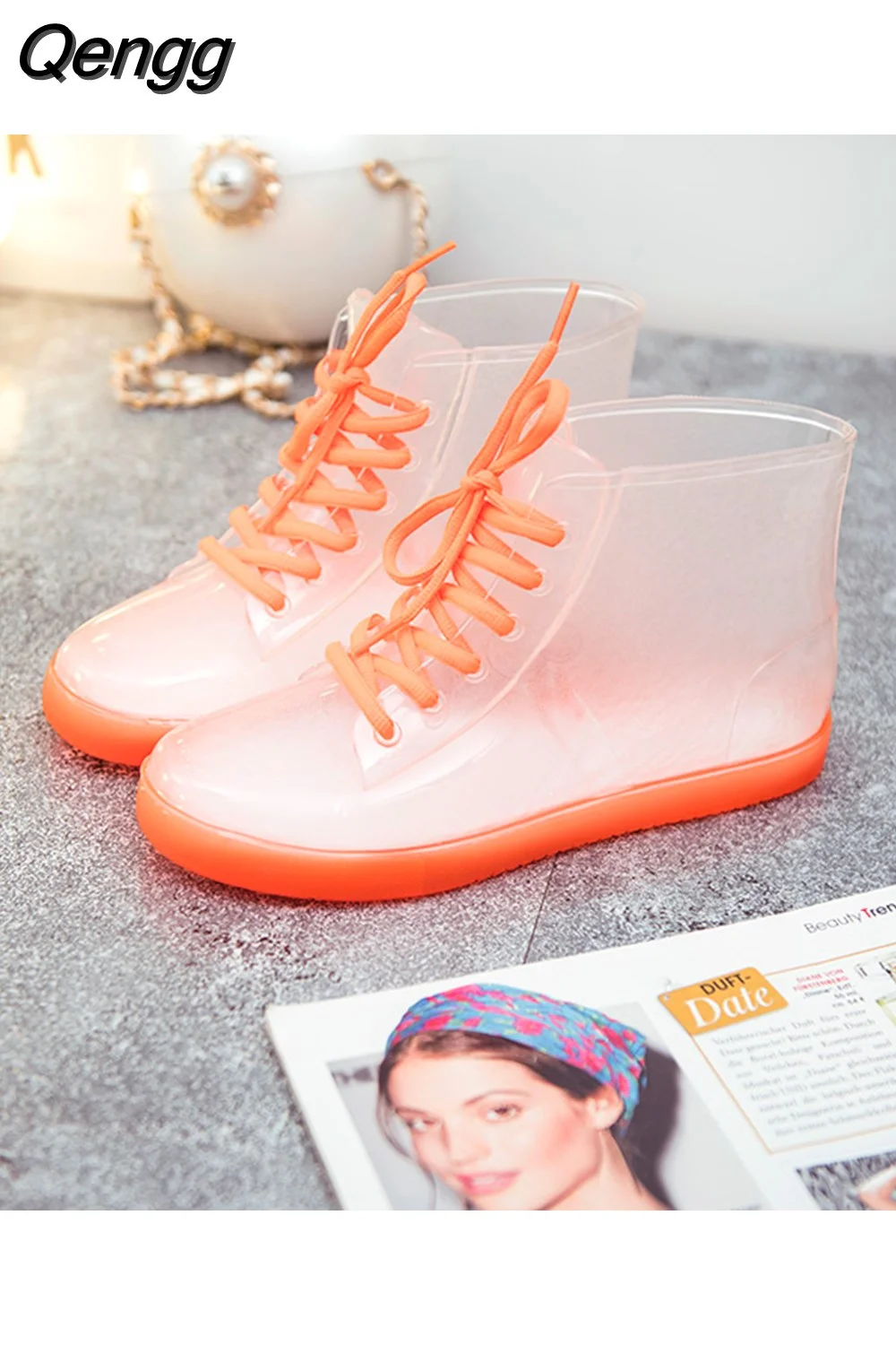 Qengg Transparent Anti-Slip Fashion Waterproof Shoes Rainshoes Rain Boots Shoe Cover Woolen Cotton Rubber Boots Female Short