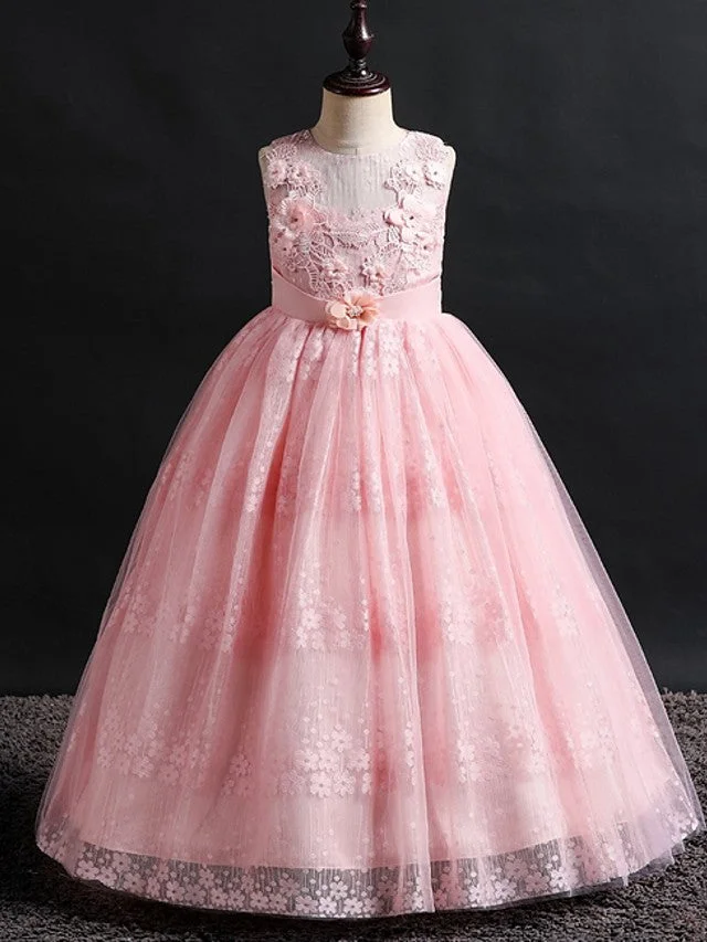Hellodresses Sleeveless Jewel Neck Ball Gown Floor Length Flower Girl Dress Lace Tulle  With Bow Appliques