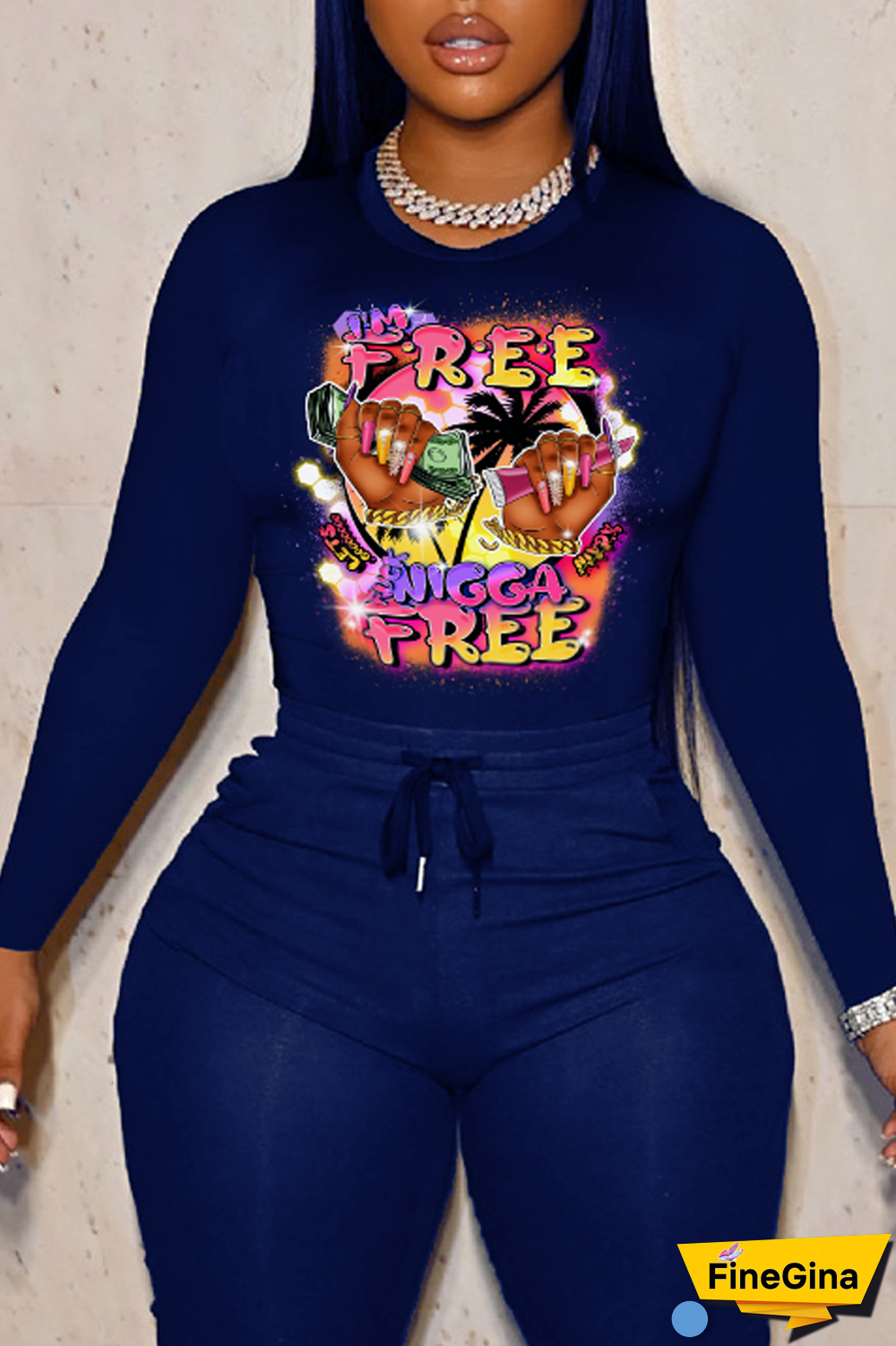 Navy Blue Casual Vintage Print Patchwork O Neck Tops