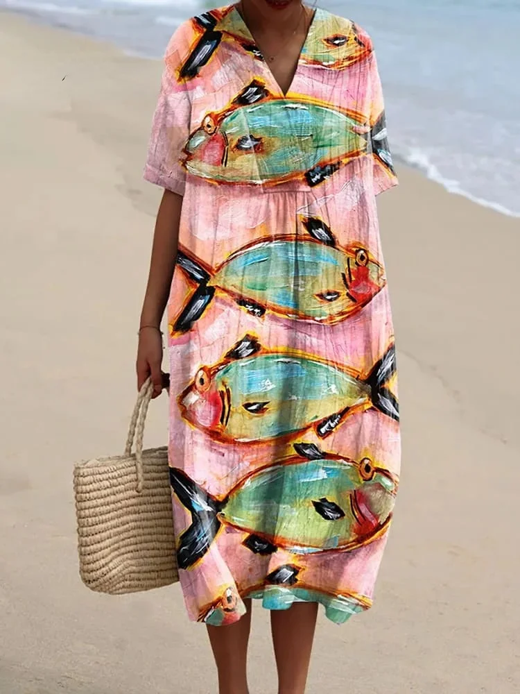 Women's Vintage Fish Art Print Flowy Dress