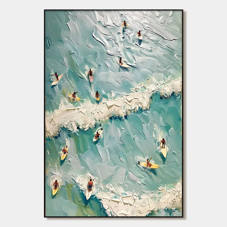 SURF'S UP: Textured Aerial View of Surfers Oil Painting（Canvas painting）