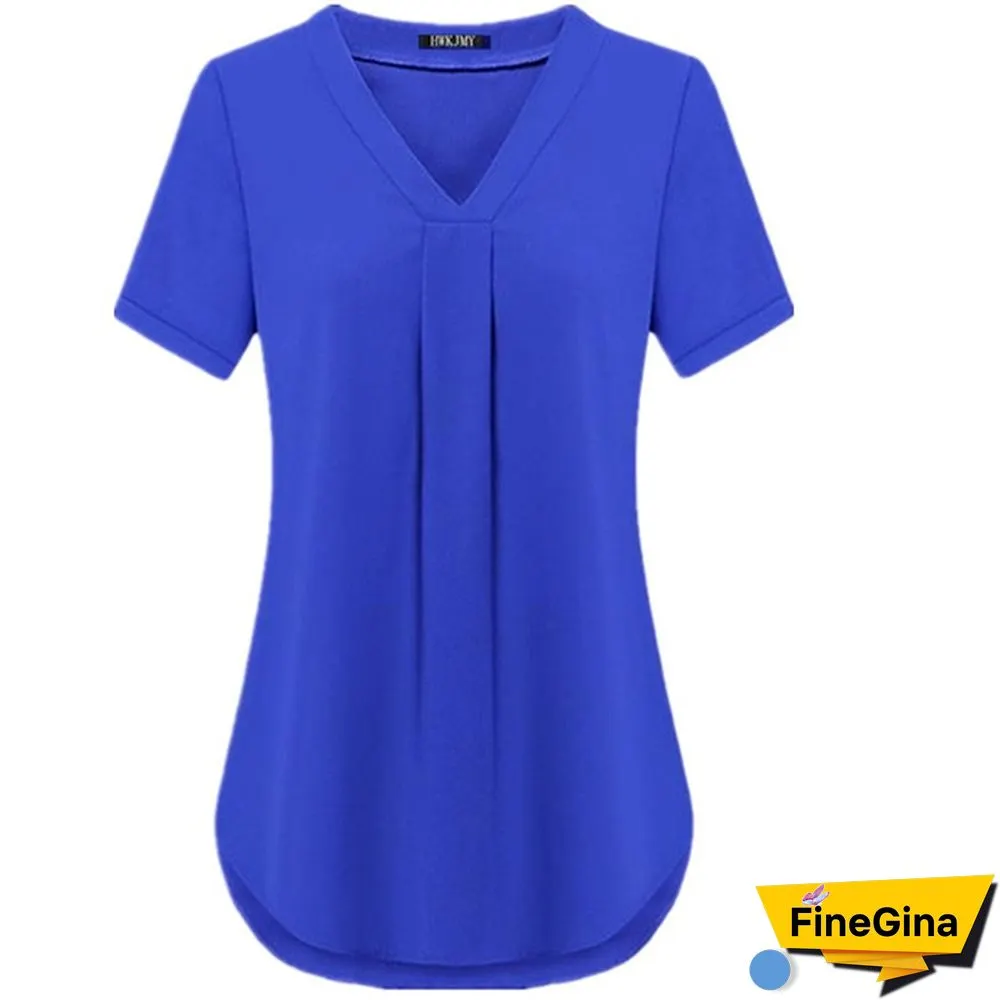 Womens Fashion Summer Sexy V-neck Short Sleeve Shirt Solid Color Loose Pleated Chiffon T