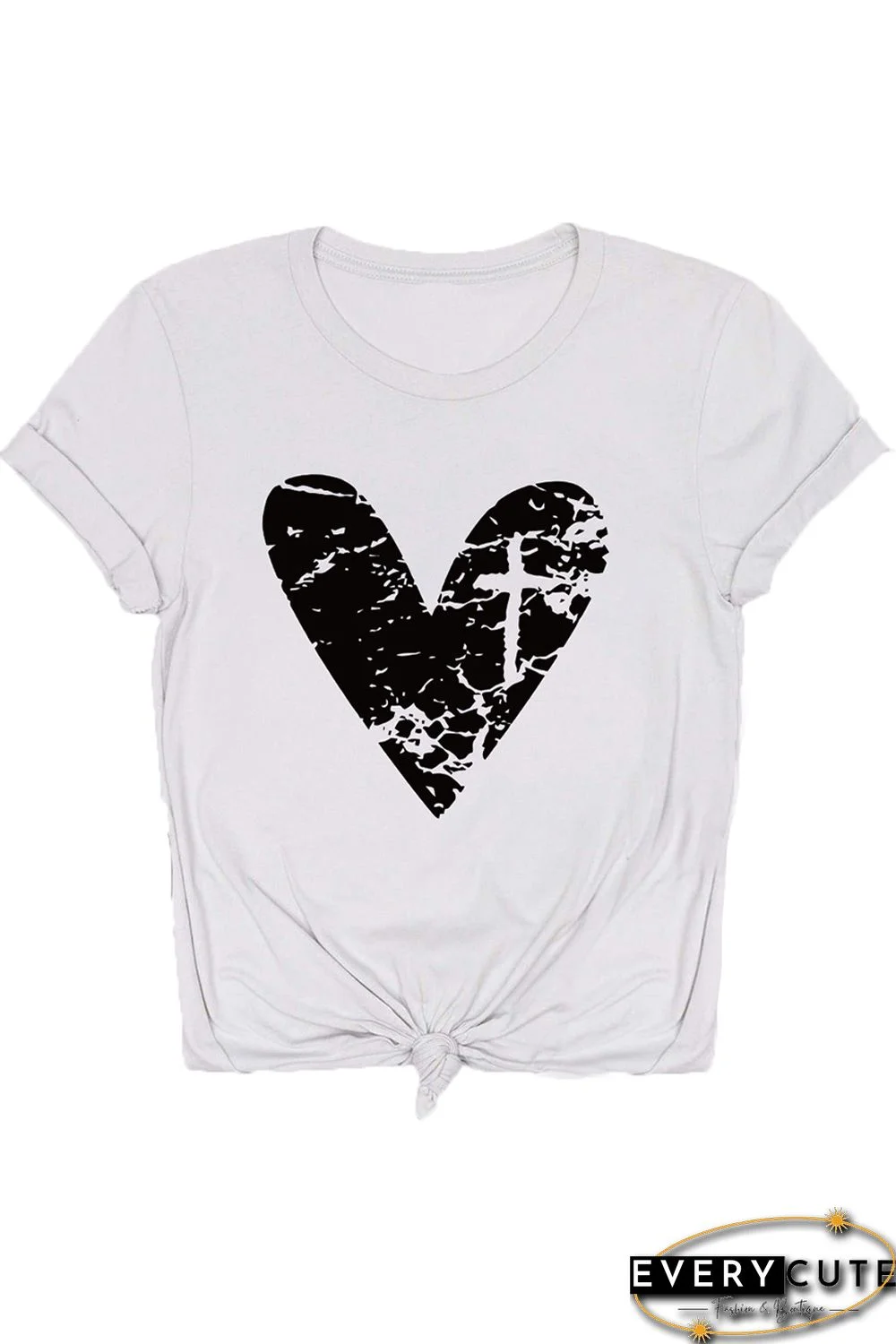 White Heart Shaped Print Rolled Short Sleeve Graphic Tee