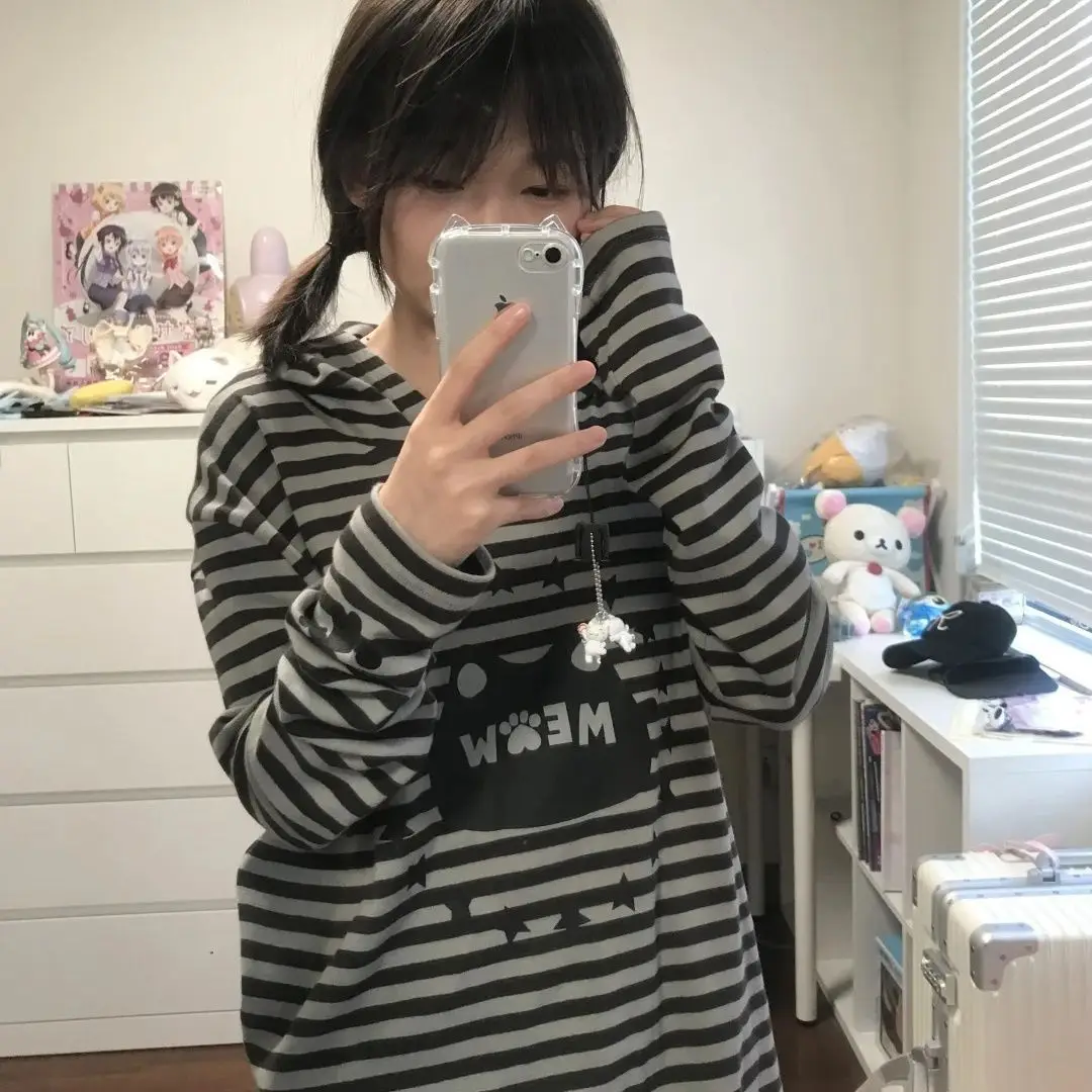 Funnipros Cartoon Cat Print Japanese Striped Contrast Color Camisetas Preppy Style Tees Hooded Kawaii Sweet Women Anime Y2k Tshirts