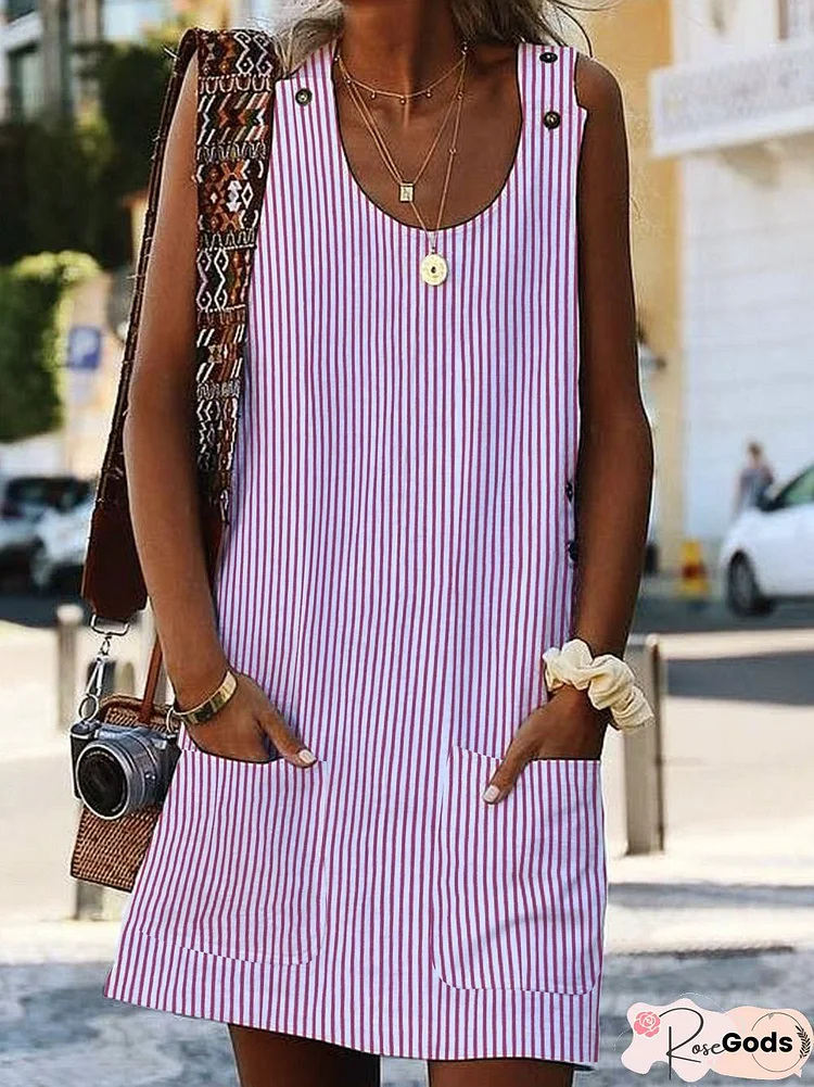 Women Crew Neck Shift Boho Pockets Striped Sleeveless Dress