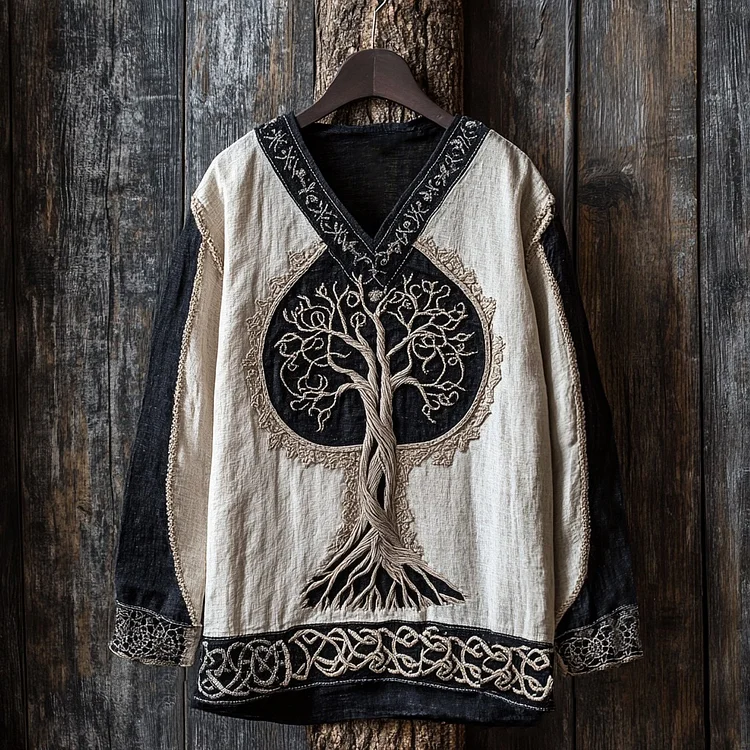 Vintage Life Of Tree Celtic Color Matching Linen V-neck Shirt