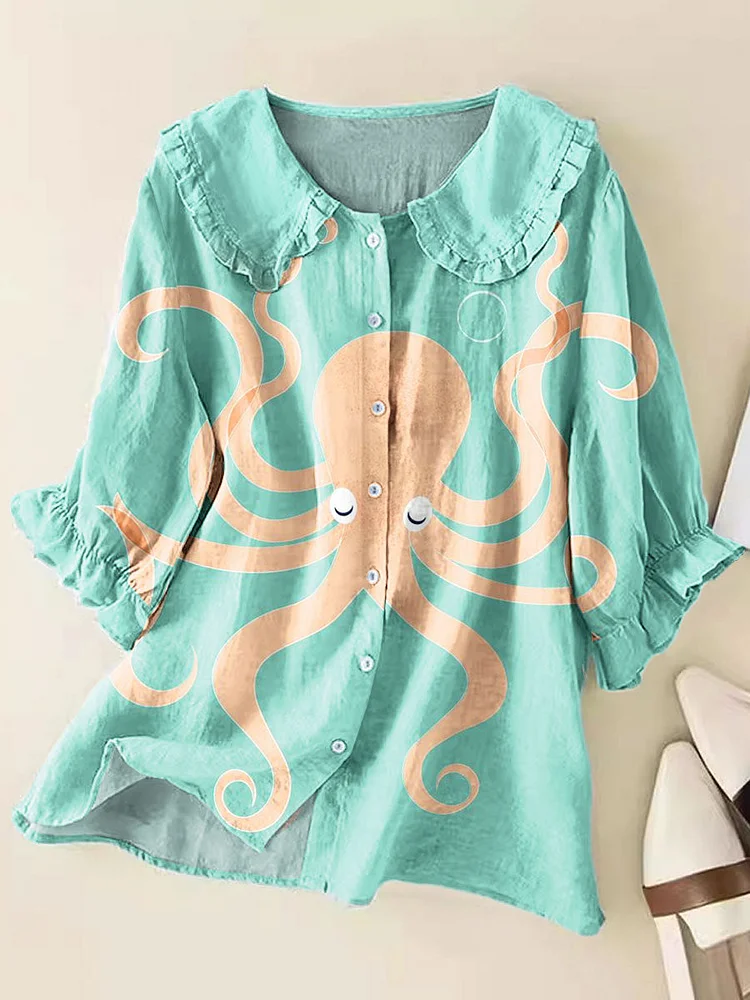 Women Vintage Abstract Geometric Colorful Octopus Art Print Peter Pan Collar Half Sleeve Blouses