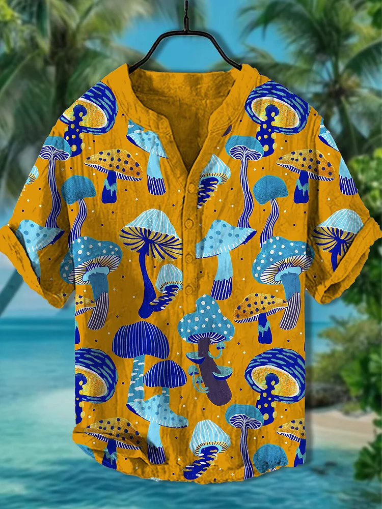 Men's Mushroom Hippie Painting Print Half Button Shirt