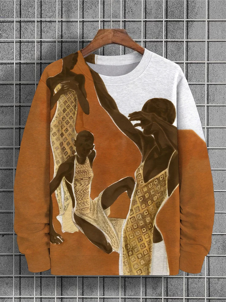 Men's Retro Tribal Pattern Black Art Contrast Color Print Casual Sweatshirt