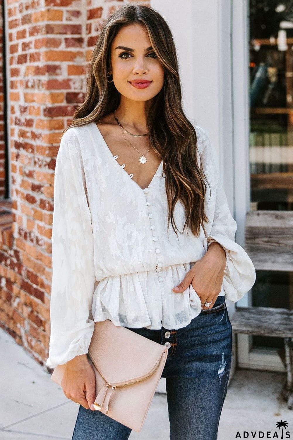 Shimmer Printed V Neck Ruffled Long Sleeve Top