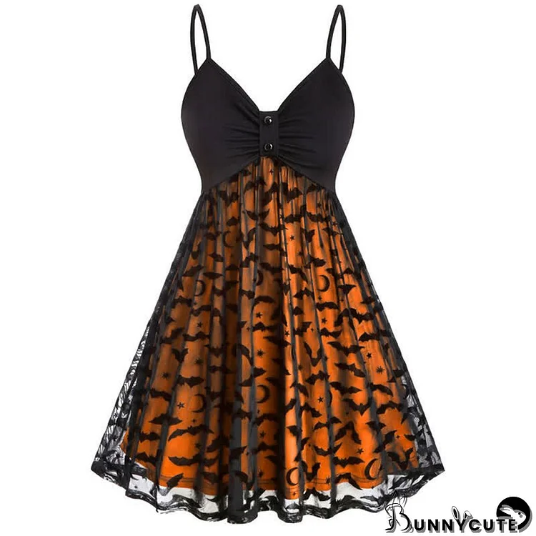 Plus Size Bat Print Lace Ruffled Slip Dress