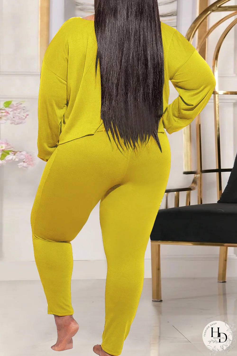 Yellow Casual Solid Split Joint O Neck Plus Size Two Pieces