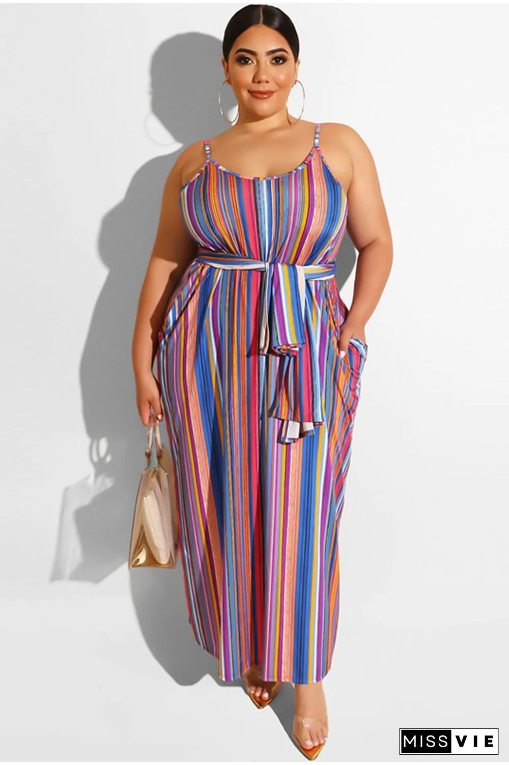 Women Sleeveless Stripe Design Plus Size Dress