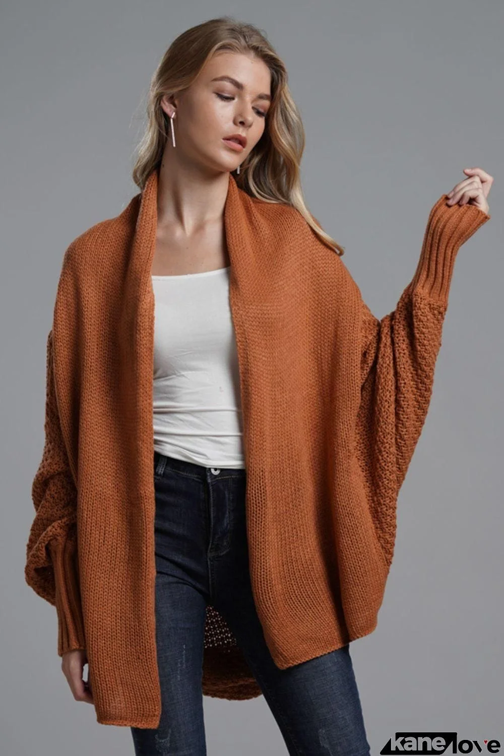Dolman Sleeve Open Front Ribbed Trim Longline Cardigan