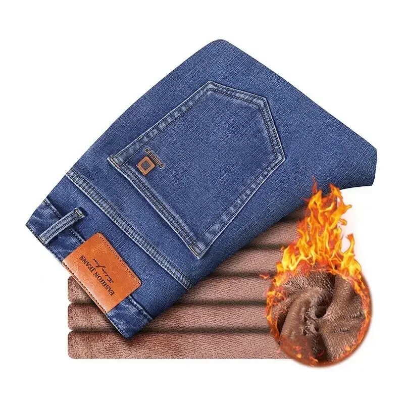 Gersit 2024 New Men's Warm Fleece Jeans Classic Style High Quality Cotton Slim Fit Denim Stretch Trousers Dark Grey Brand Pants