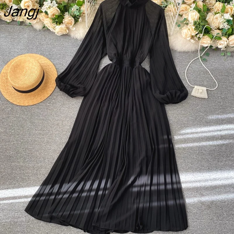 Jangj And Summer French Orange Pleated Vintage Maxi Dress o-Neck Femme Robe Puff Sleeve Elegant Solid Color Holiday Beach Dress