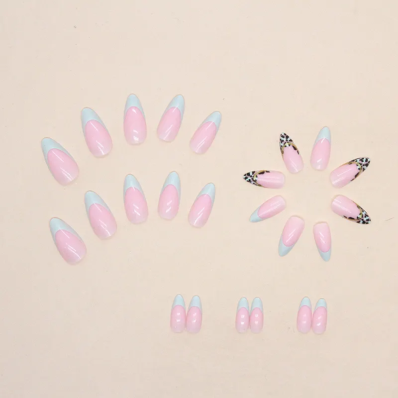 Churchf Churchf Lake Green French Leopard Print Gold Pink Almond Nail Ins Wind Round Head Fake Nail Wearable Beautiful Nail Piece