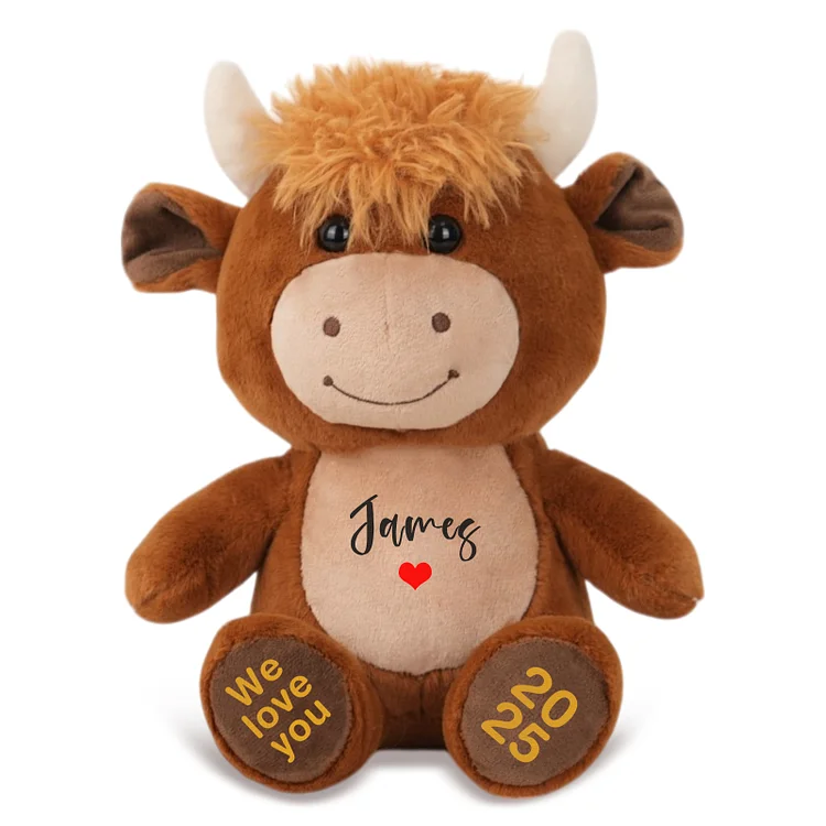 Personalized Highland Cow Stuffed Animal, Farm Cattle Plushie with Custom Name Date Message, Cute Scottish Highland Cows Gift for Baby Kids Adults Women (Brown Cow, 11 Inch)