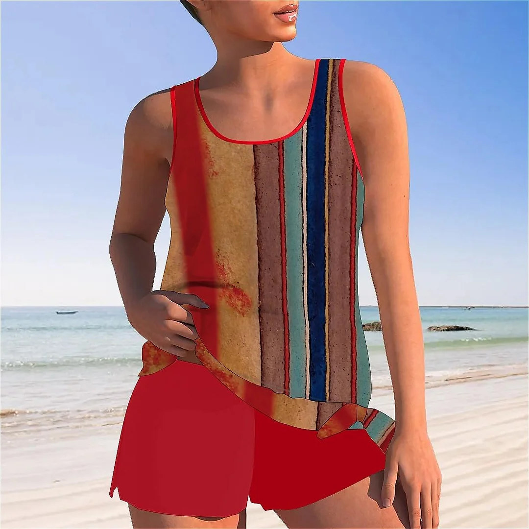 Bowknot Striped,Blue,Red,Brown Mid Waisted Tankini Set - Plus Size Available
