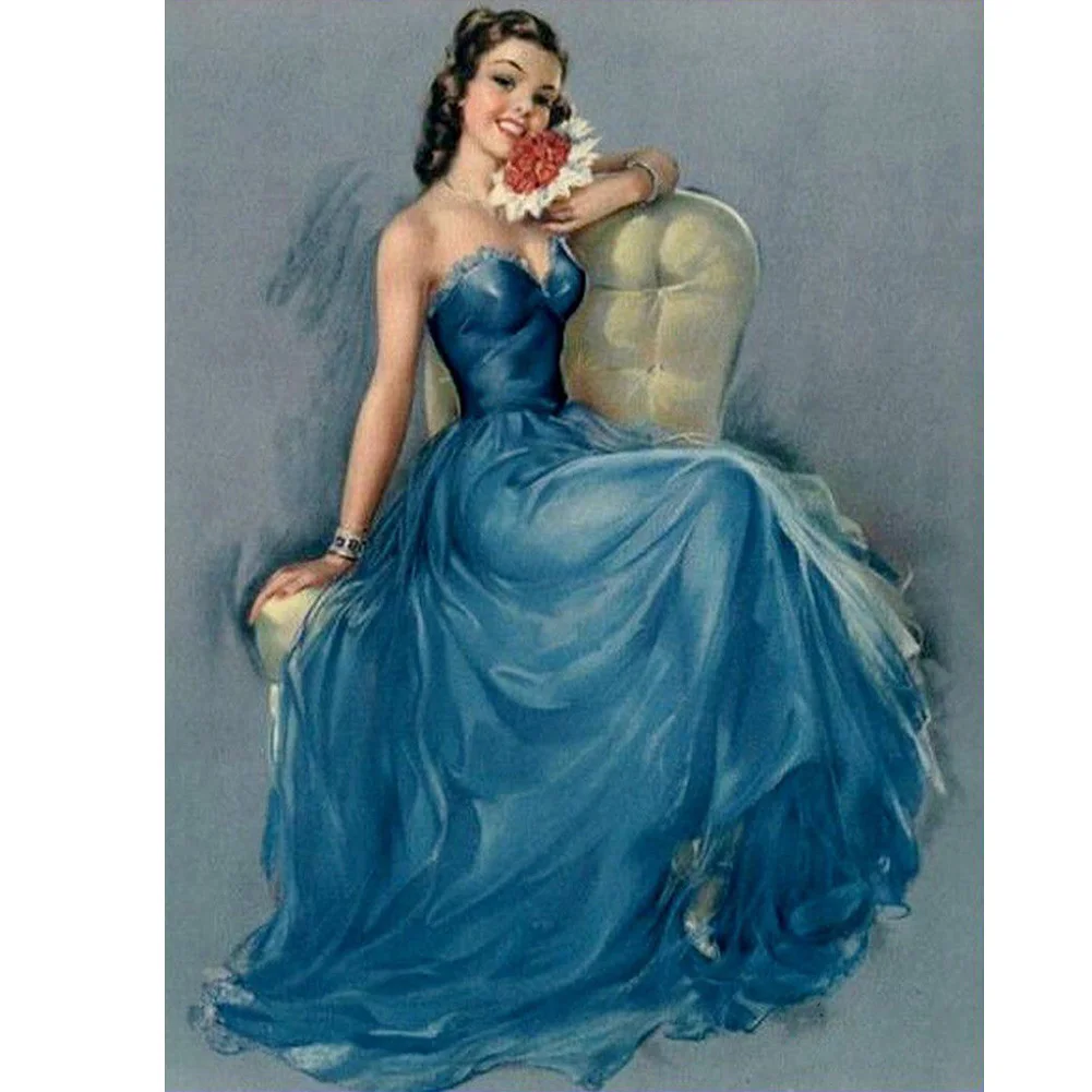 Full Round Diamond Painting 30*40cm - Woman In Blue Dress