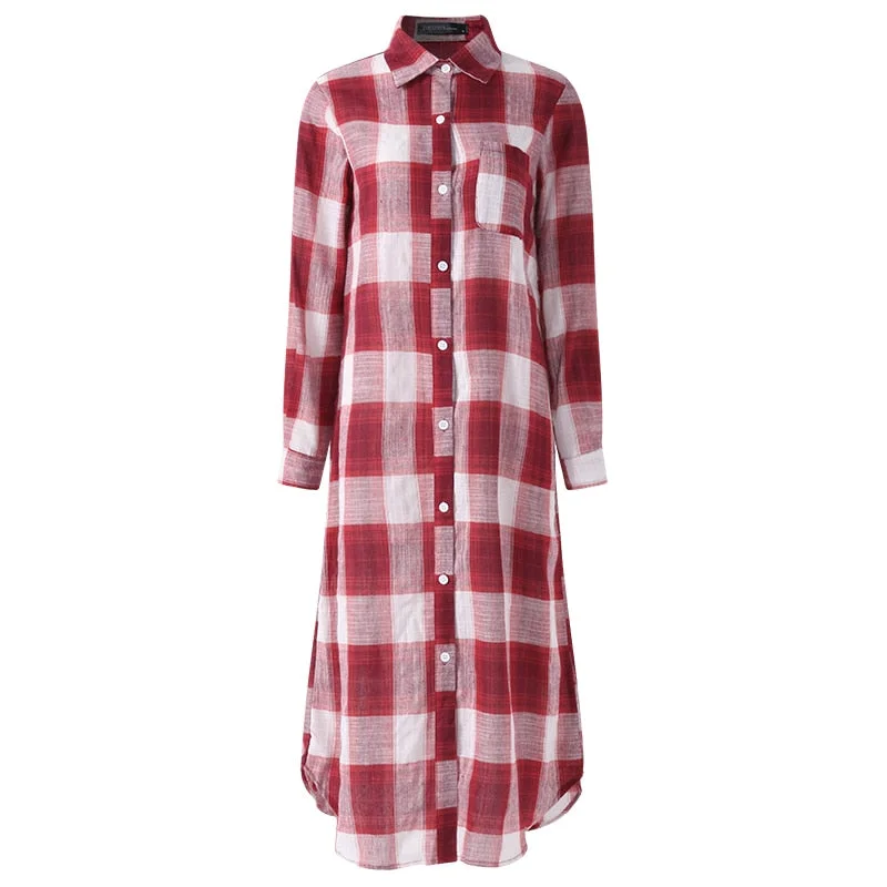 Women Plaid Checked Long Dress ZANZEA Autumn Lapel Neck Long Sleeve Casual Shirt Vestido Robe Buttons Down Cotton Sundress Tunic