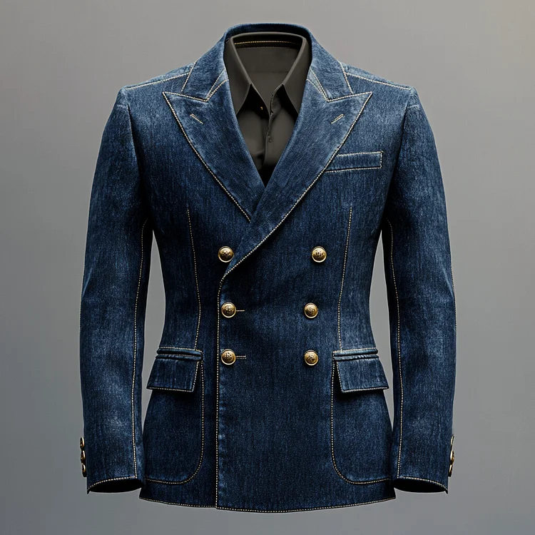 Men's Peaked Lapel Double Breasted Long Sleeve Denim Top Stitch Blazer