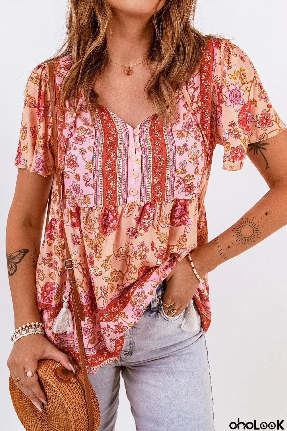 Bohemian Buttoned Short Puff Sleeve Blouse