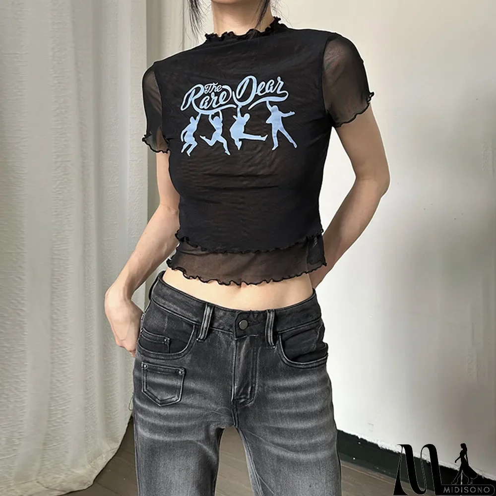 MidiSono - Women's Summer Letter Print Ruffle Edge Sheer Mesh Slim Fit T-Shirt Top