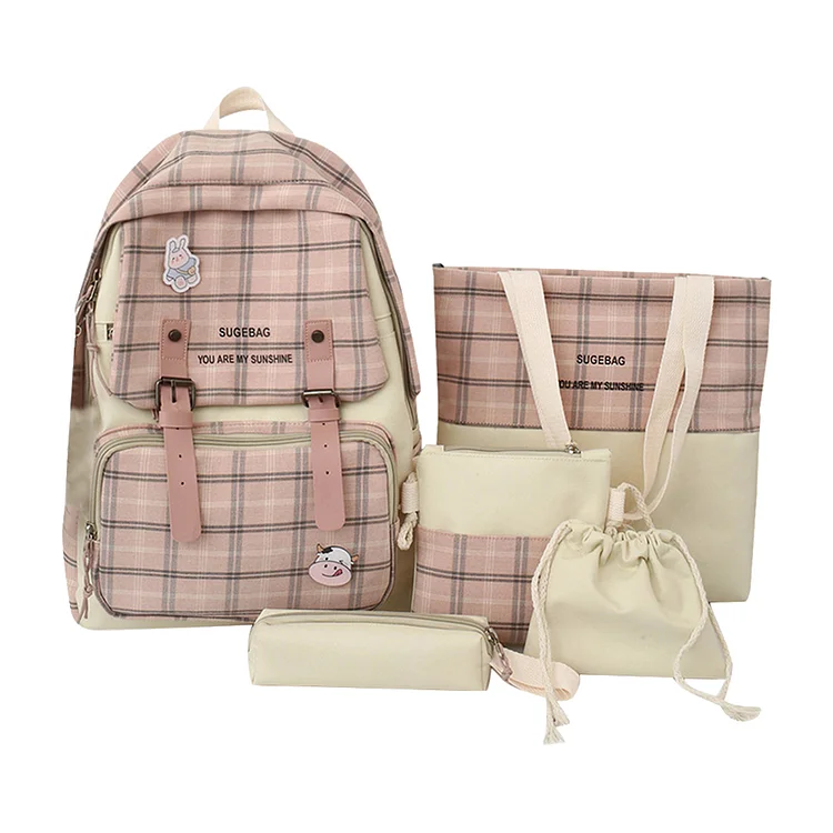 5pcs/set Woman Backpack Fashion Plaid Harajuku Bookbag Nylon for Teenage Girls-Annaletters