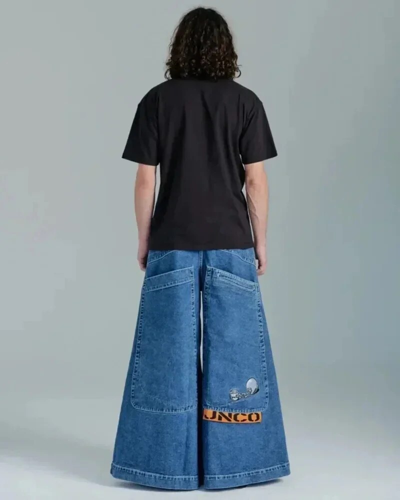 Spontork Retro Skull Graphic Embroidered JNCO Jeans New Harajuku Hip Hop Baggy Jeans Denim  Pants Men Women Goth High Waist Wide Trousers Pants