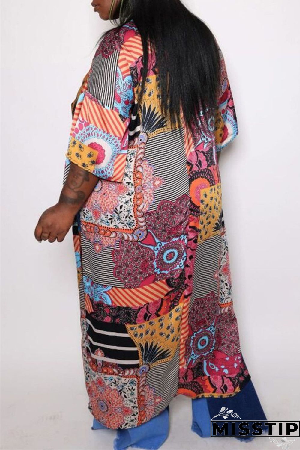 White Fashion Casual Print Slit Cardigan V Neck Plus Size Overcoat