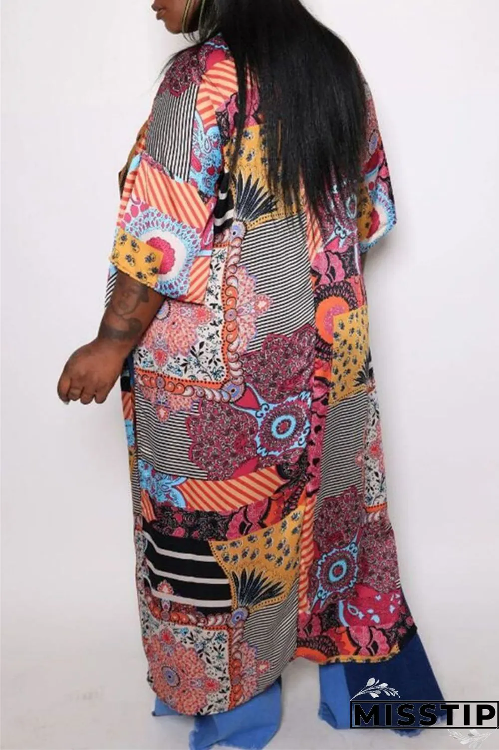 White Fashion Casual Print Slit Cardigan V Neck Plus Size Overcoat
