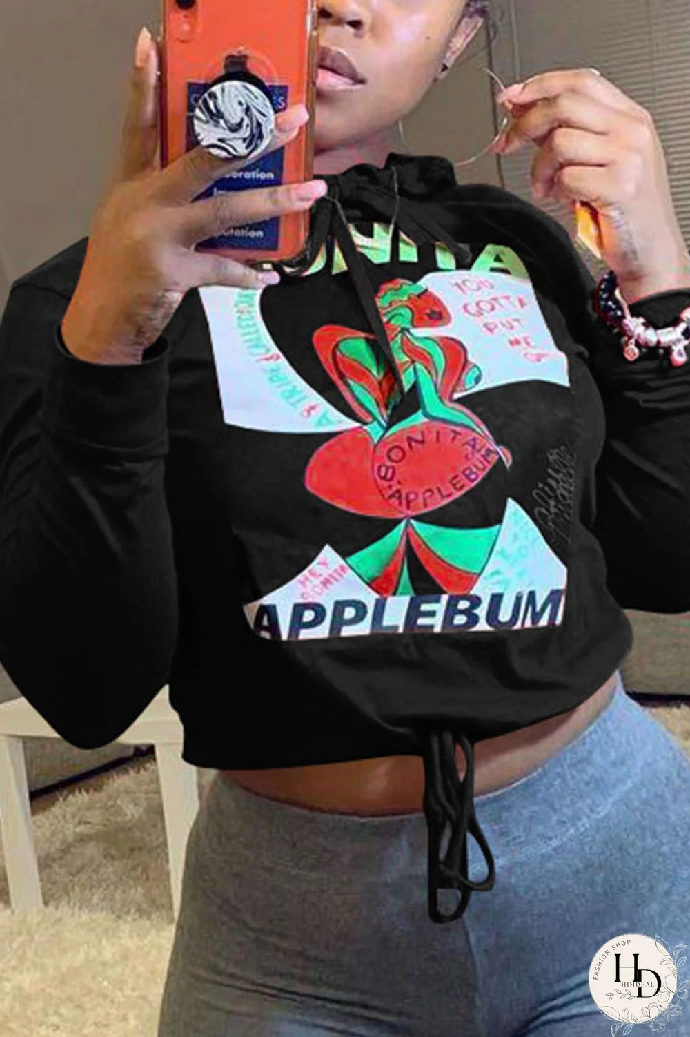 Red Street Print Hooded Collar Mid Waist Tops