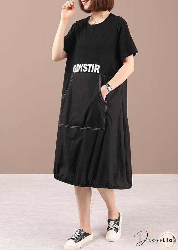 Style Black Pockets Patchwork Graphic Summer Cotton Party Dresses Short Sleeve