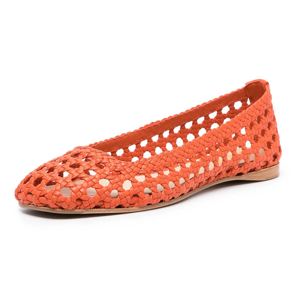 Square Toe Braided Cutout Comfy Casual Orange Flat Sandals for Women Nicepairs