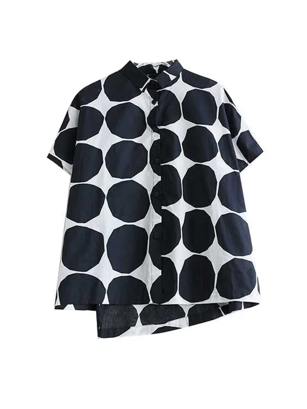 Buttoned Polka-Dot Loose Short Sleeves Lapel Blouse Tops Skirts Bottoms Two Pieces Set