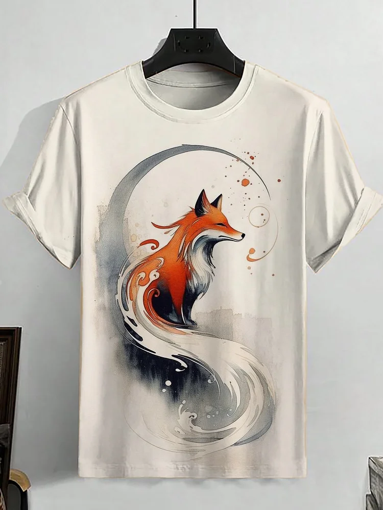 Men's Japanese Art Fox Graphic Short Sleeve Casual T-Shirt