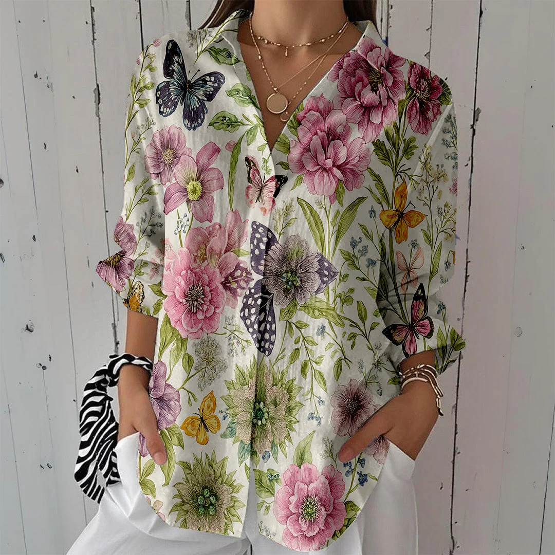 Style & Comfort for Mature Women Women Floral, Green, Pink, Butterfly DZCL0145 3/4 Sleeve Shirt Collar Printed Button Tops