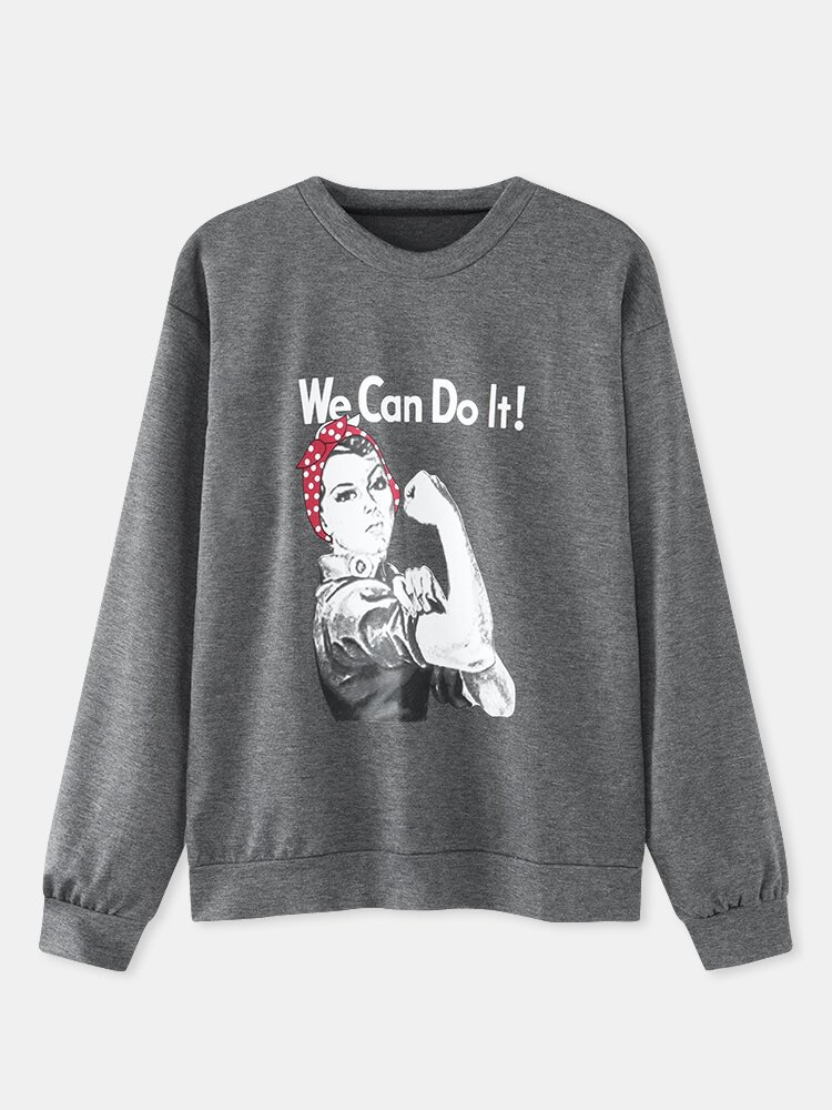 Illustration Print O neck Long Sleeve Casual T shirt for Women P1798872