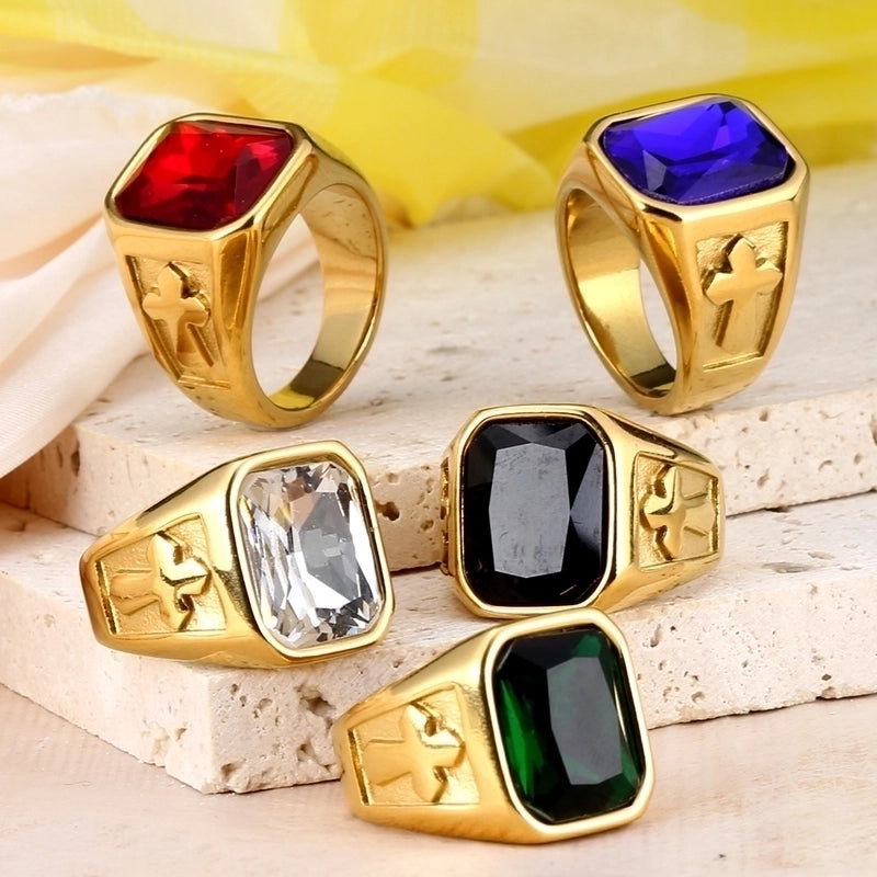 IG Style Minimalist Cross Rectangle 316 Stainless Steel  Glass Stone 18K Gold Plated Inlay Rings