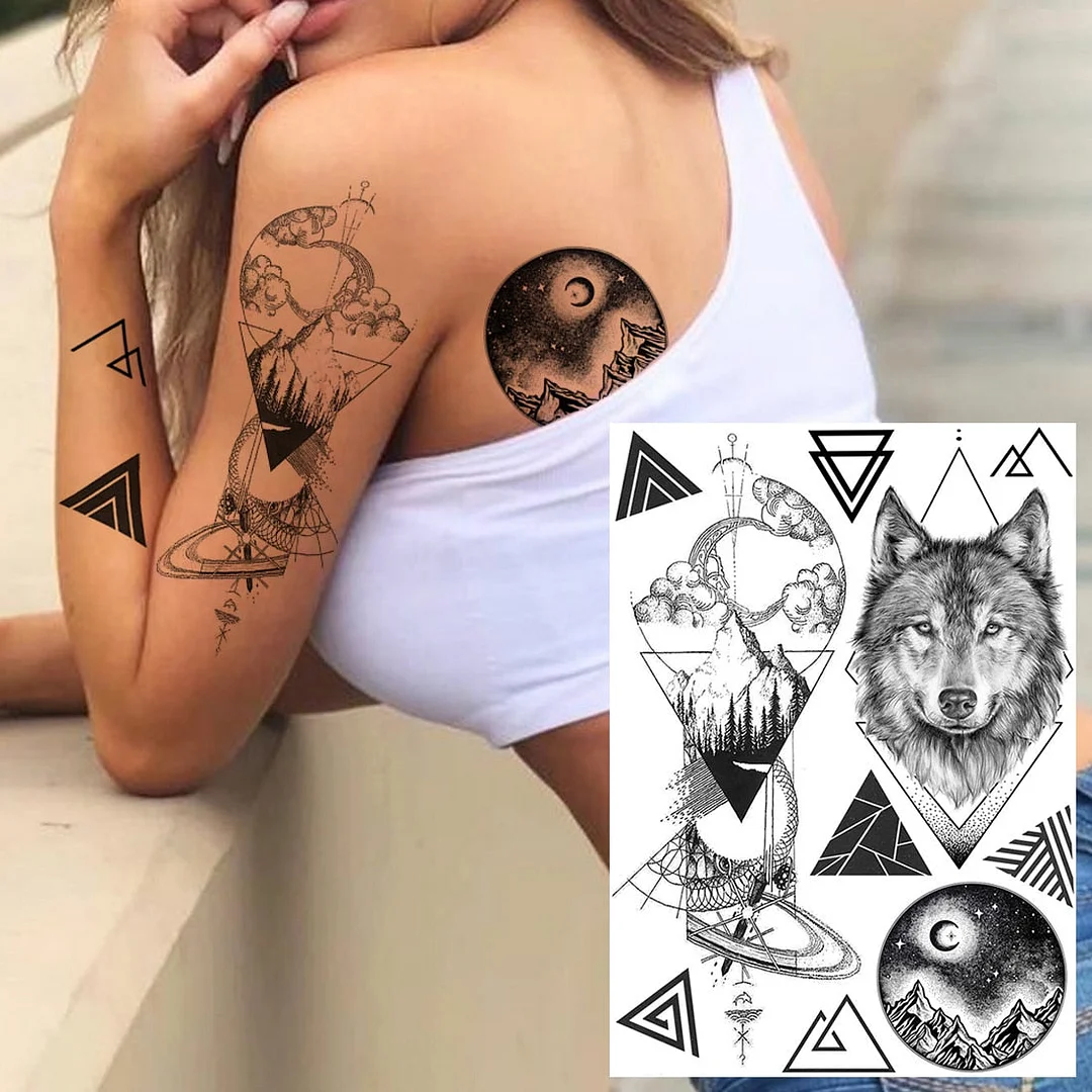 Realistic Fake Black Animal Temporary Tattoos Sticker For Men Women Geometric Wolf Outer Space Tatoo Temporary Decal For Kids