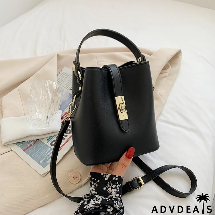 Women Fashion Solid Color Lock PU Crossbody Bucket Bag