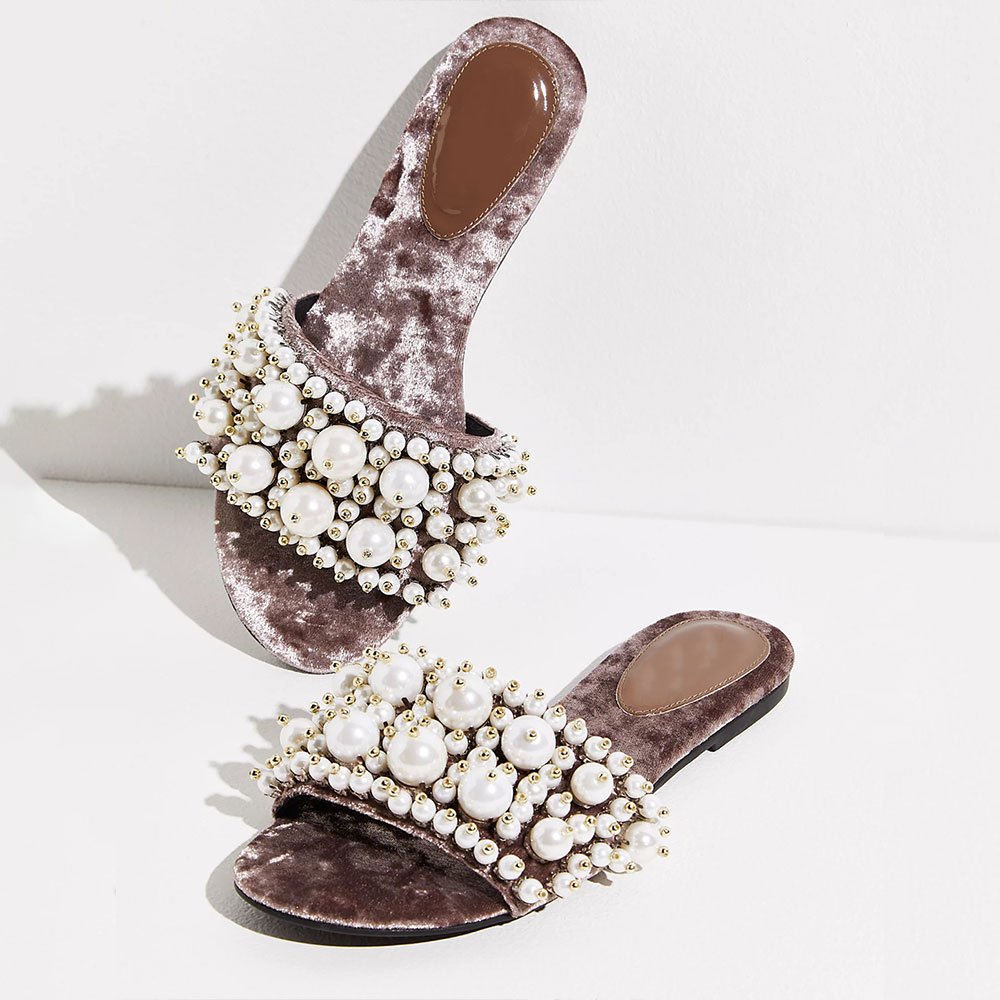 Brown Velvet Round Toe Flat Pearl Slide Sandals Nicepairs